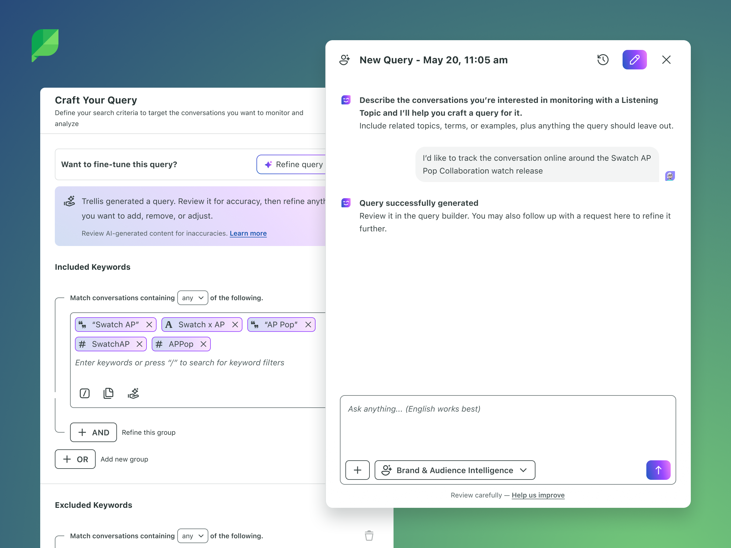 Trellis chat alongside the Listening query builder, turning a plain-language request into a generated query