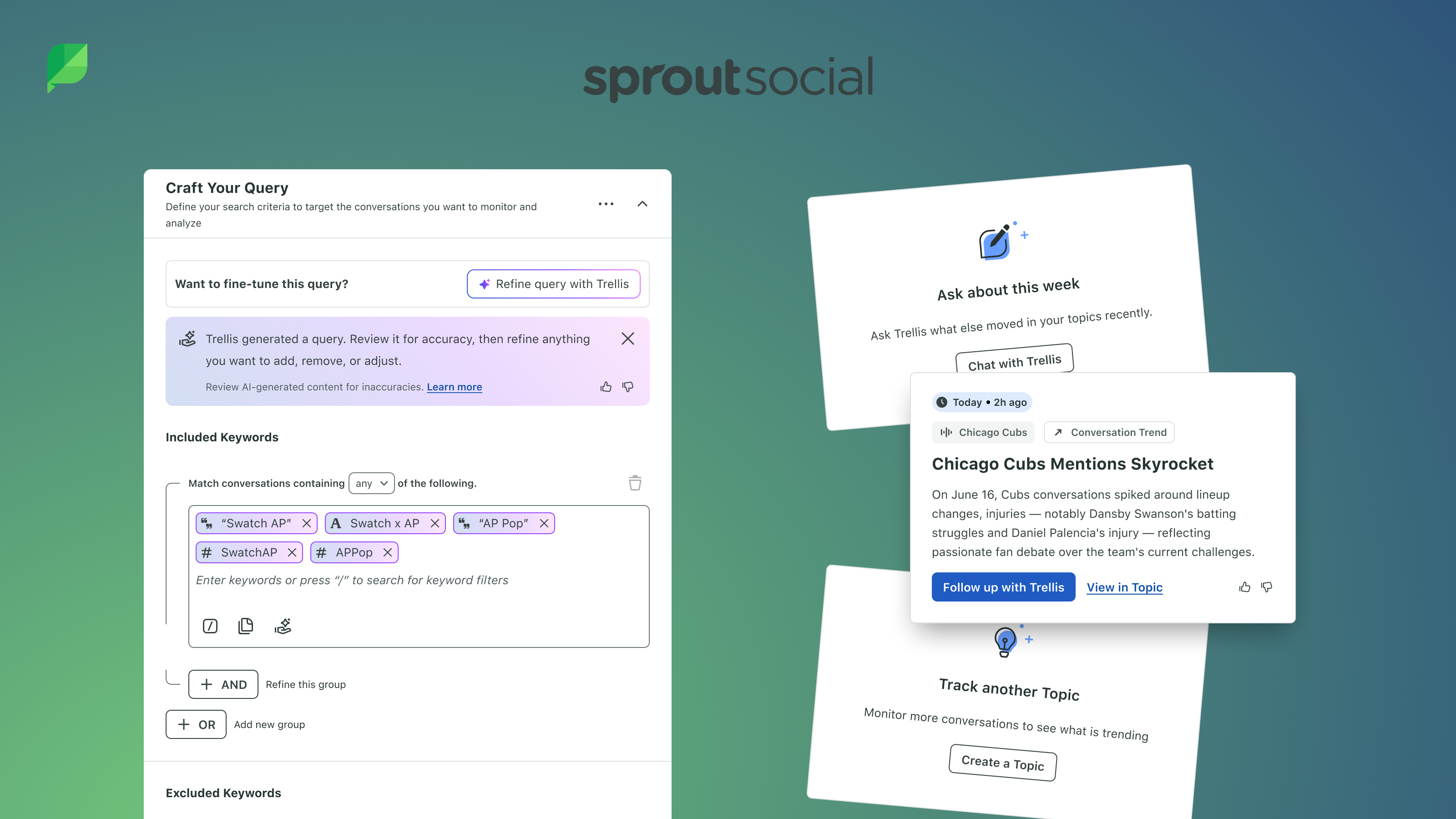 Text-to-Query's query builder alongside a Topic Highlights card in Sprout Social Listening